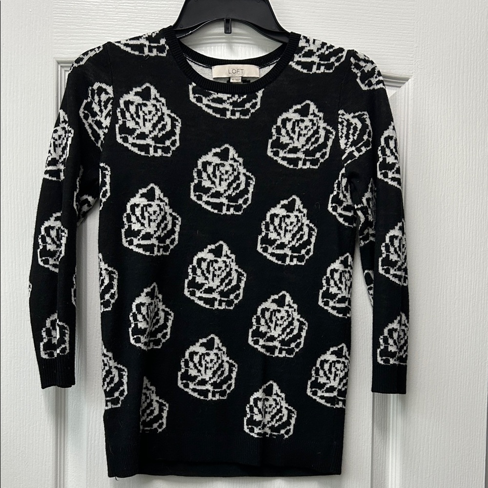 LOFT Floral Patterned Black and White Sweater XS